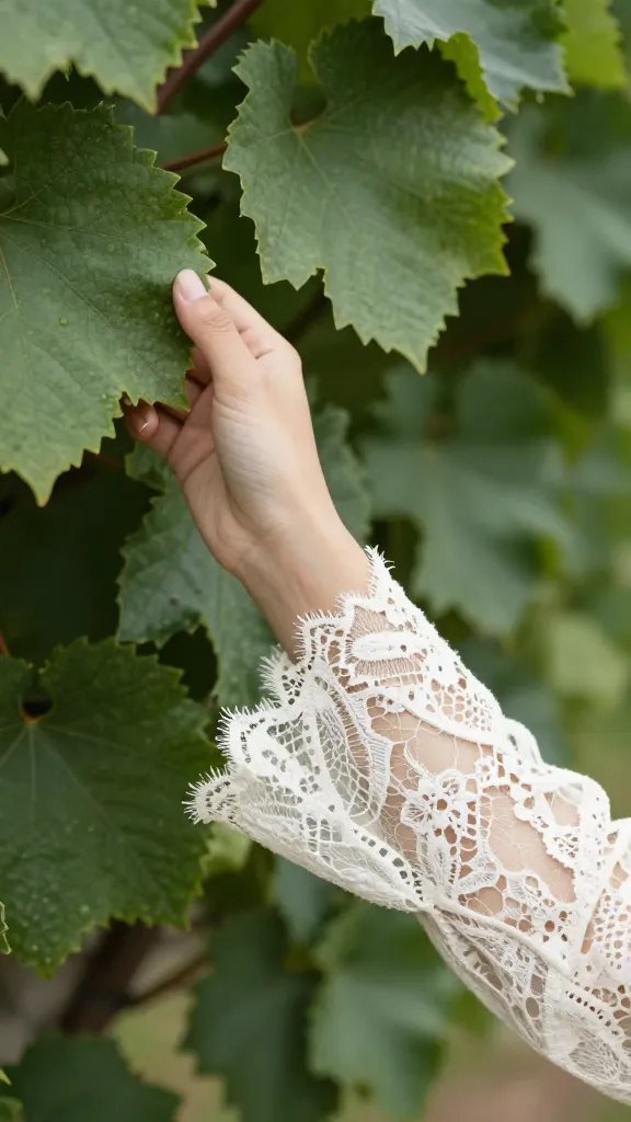closeup of a lace dress sleeve brushing against grape leaves