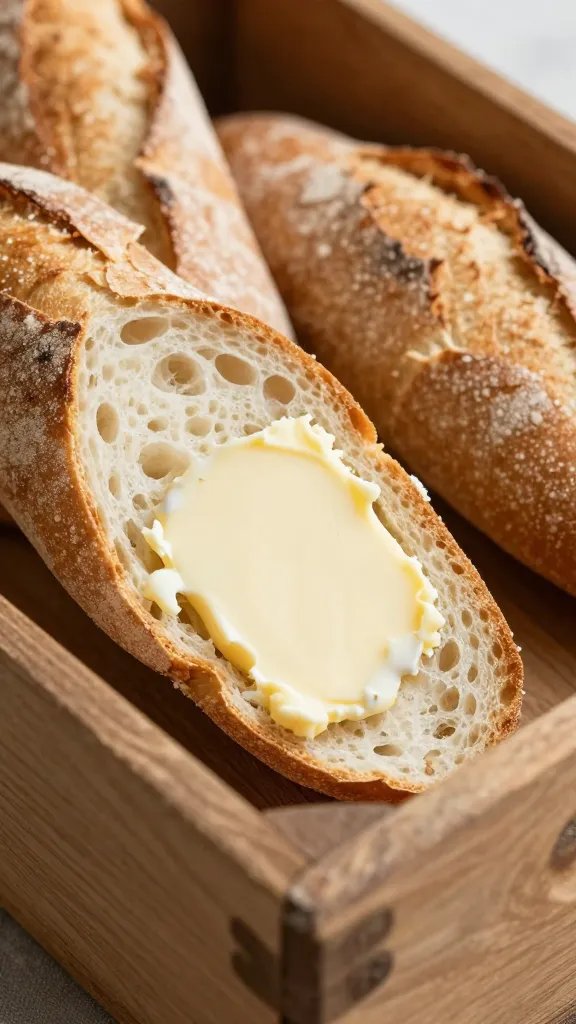 closeup of a rustic wooden crate with sliced baguette and butter
