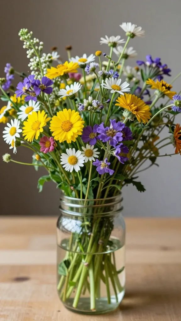 closeup of a bouquet of wildflowers in mason jar on table