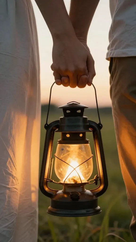 closeup of a couple’s hand holding a lighted lantern at golden hour