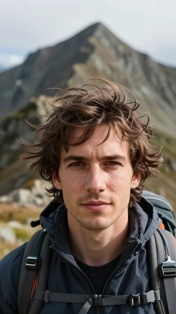 Closeup of a solo hiker portrait with wind-swept hair, alpine ridge background