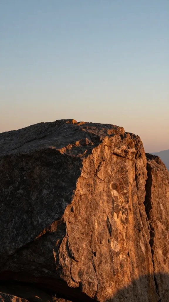 Closeup of a lone portrait perched on boulder, golden hour glow