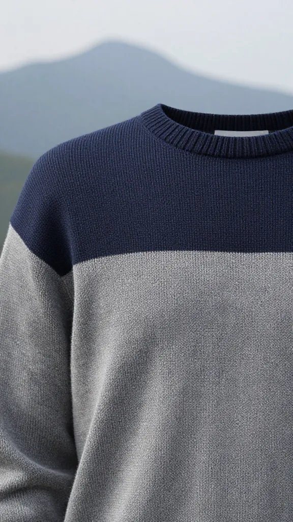 Closeup of a single subject in layered outdoor sweater, misty mountains behind