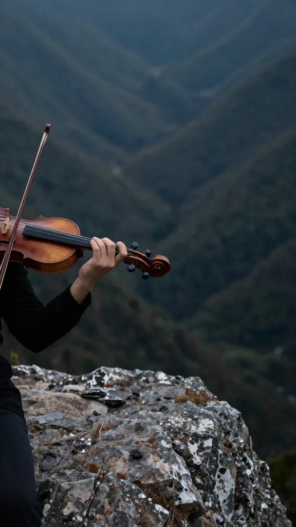 Closeup of a solitary violinist on rock ledge, dramatic valley backdrop