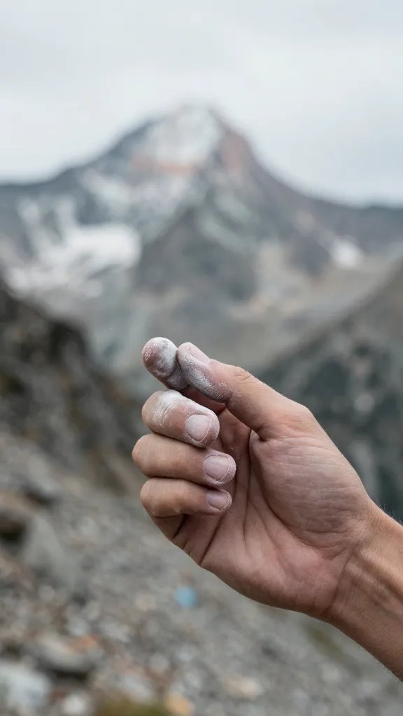 Closeup of a lone climber with chalk dust on fingers, distant peaks