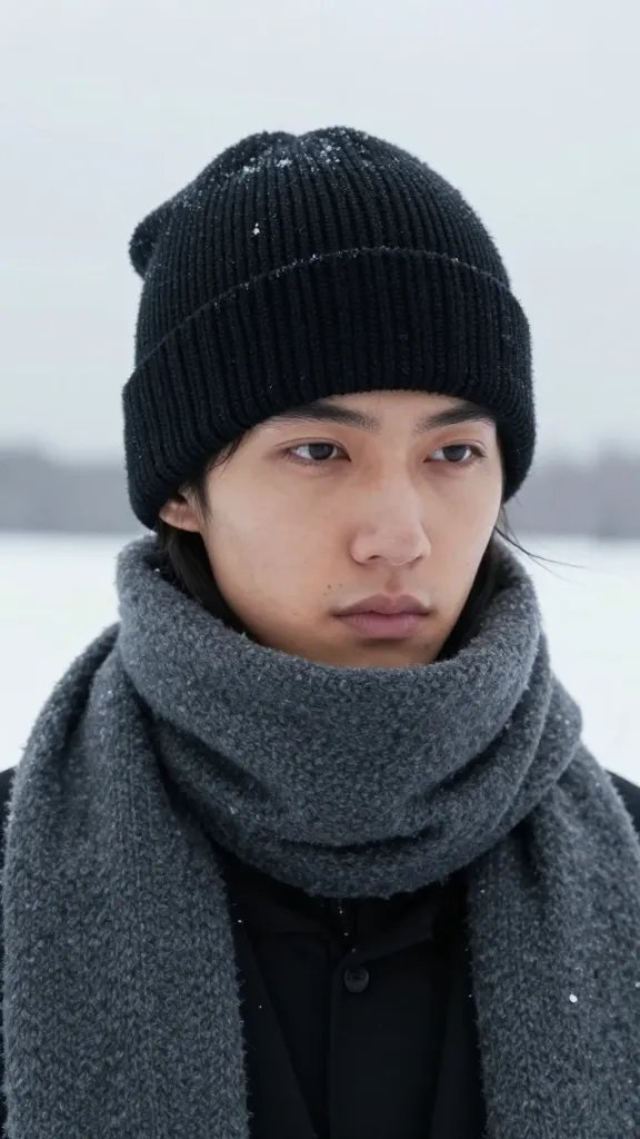 Closeup of a single model with beanie and scarf, snowy horizon
