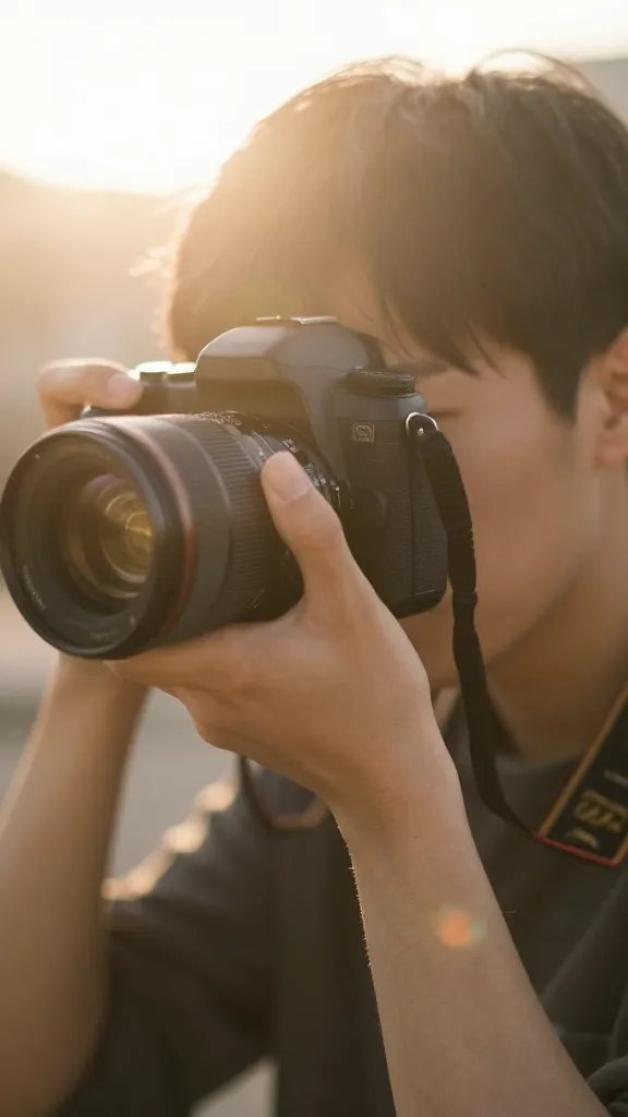 Closeup of a solitary photographer’s subject, lens flare from sunburst