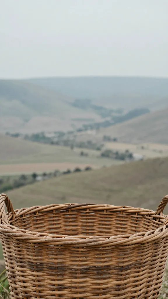 Closeup of a lone portrait with rustic basket, expansive valley behind