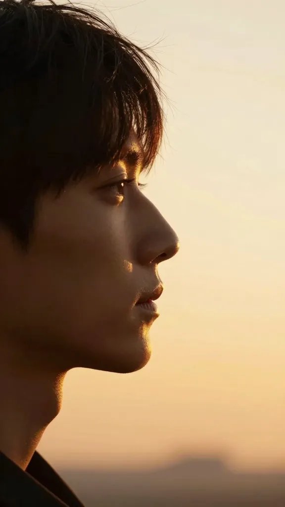 Closeup of a single subject gazing toward horizon, warm golden light