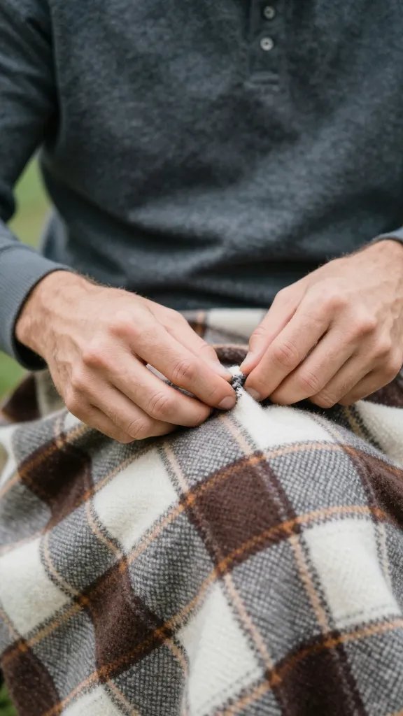 closeup of a man adjusting a plaid blanket on his lap in backyard light