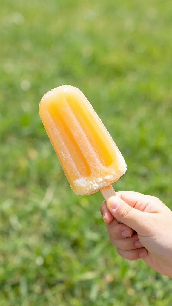 closeup of a child twirling a fruit-ice popsicle on sunlit grass