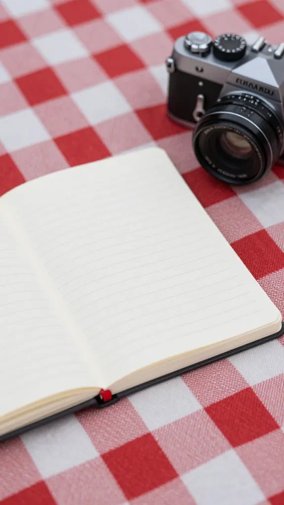 closeup of a notebook and vintage camera resting on a picnic blanket