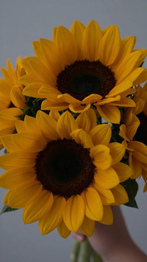 closeup of a sunflower bouquet held by a single adult in soft dusk glow