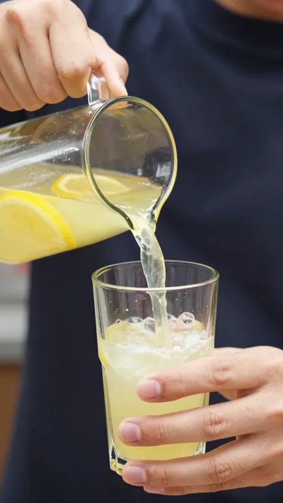 closeup of a friend’s hands pouring lemonade into a glass