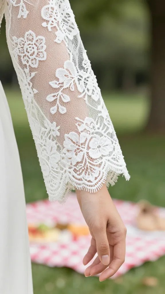 closeup of a wedding-style lace sleeve with picnic backdrop bokeh