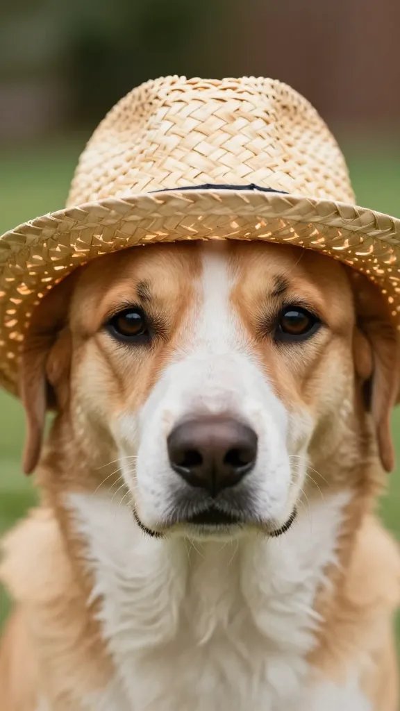 closeup of a dog’s face with a straw hat, in warm backyard light