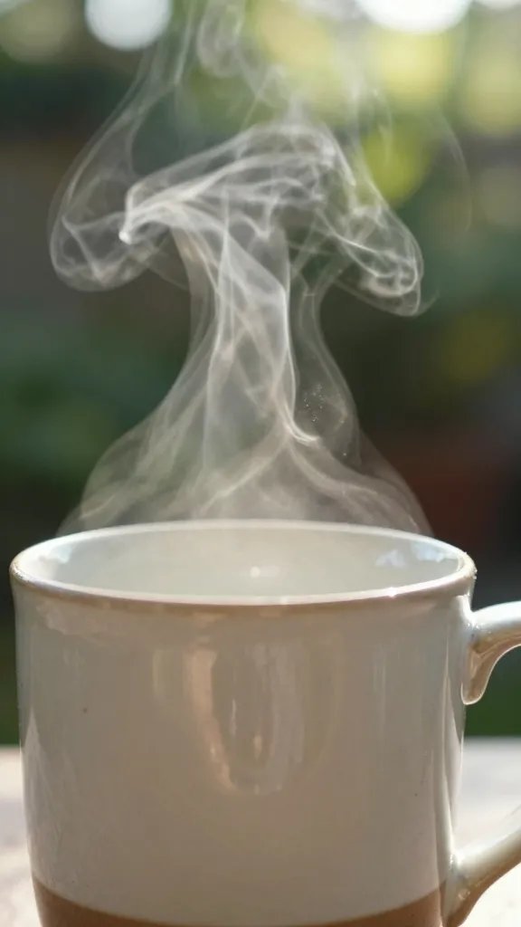 closeup of a ceramic mug with steam and sunlit garden behind