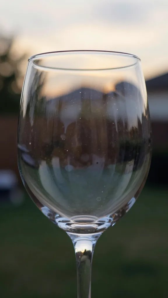 closeup of a single wine glass reflecting golden-hour sky in yard