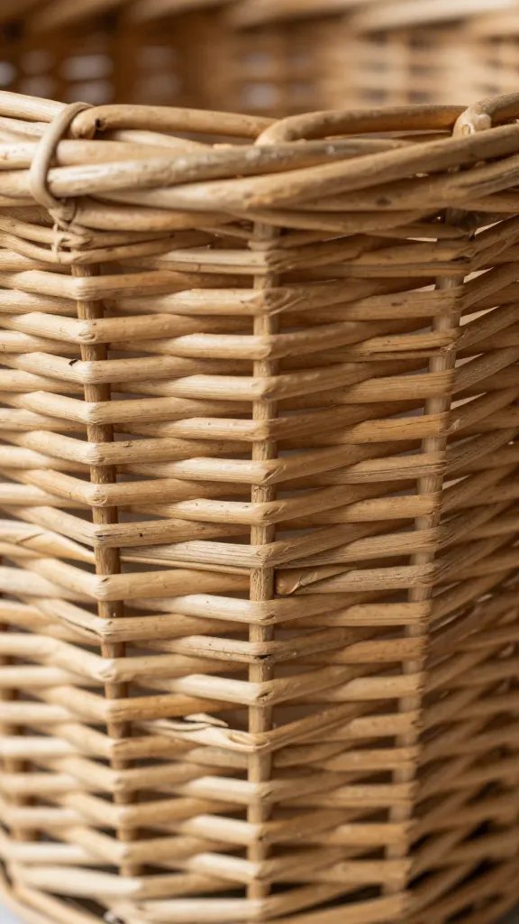 closeup of a rustic wicker basket texture in soft natural light