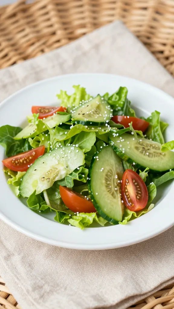 closeup of a single postcard-sized salad plate on linen in wicker setting
