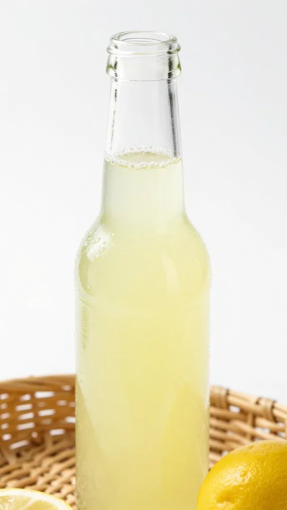 closeup of a single glass bottle of lemonade beside wicker edge