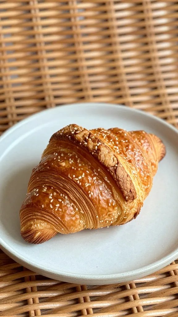 closeup of a single croissant on ceramic plate with wicker backdrop