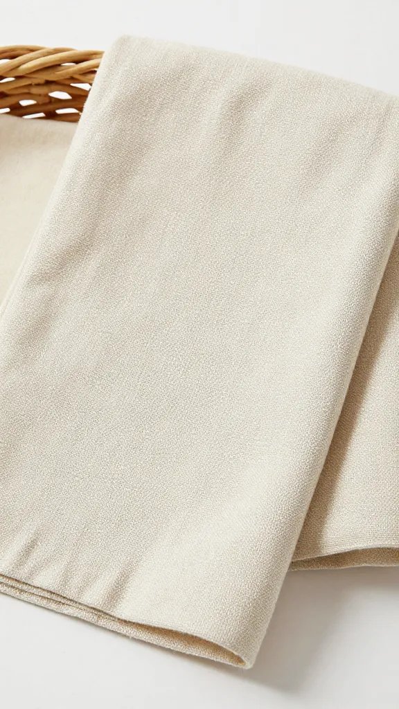closeup of a single linen napkin draped over wicker rim