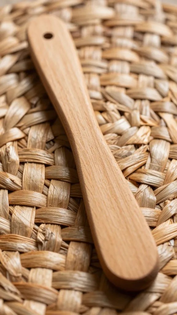 closeup of a single wooden cheese knife on wicker weave