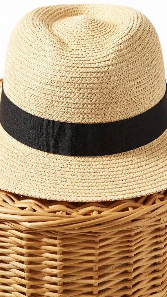 closeup of a single straw hat resting on wicker basket lid