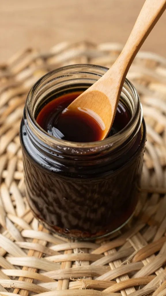 closeup of a single jam jar with wooden spoon on wicker surface