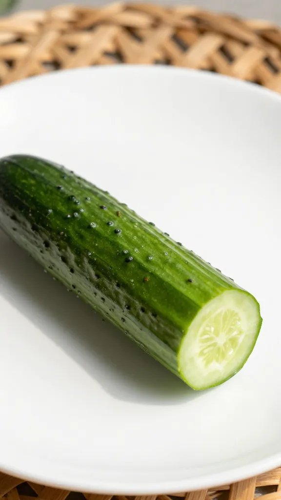 closeup of a single cucumber slicing on white plate with wicker shadow