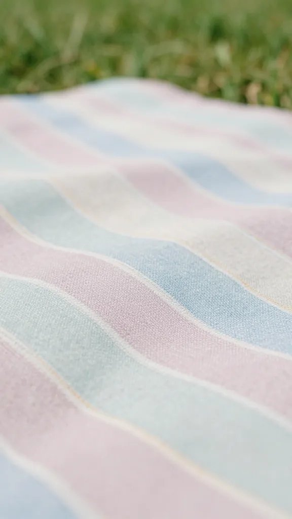 closeup of pastel picnic blanket texture with soft green blades in background