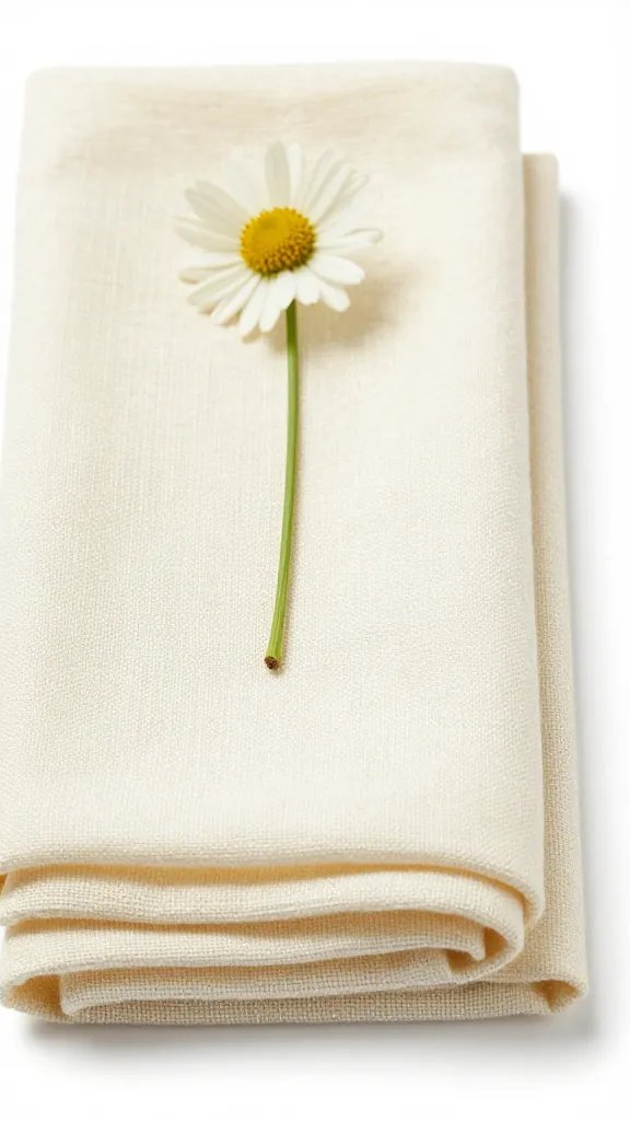 closeup of ivory linen napkin folded beside a single flower stem