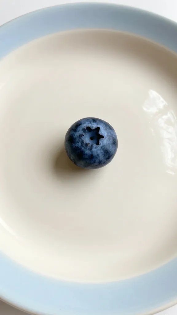 closeup of pastel ceramic plate with single blueberry on creamy surface