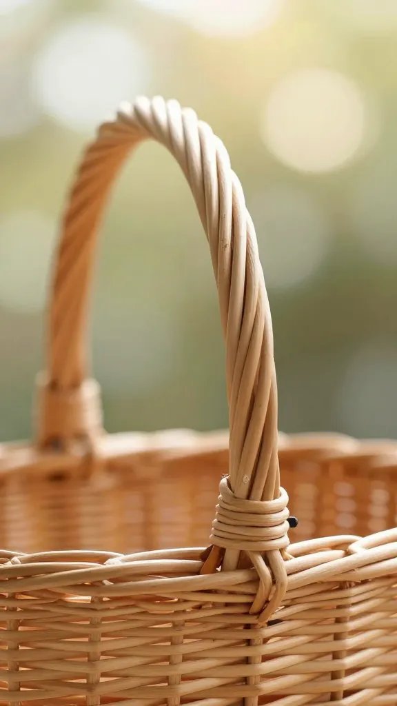 closeup of wicker basket handle with soft sunlit bokeh backdrop