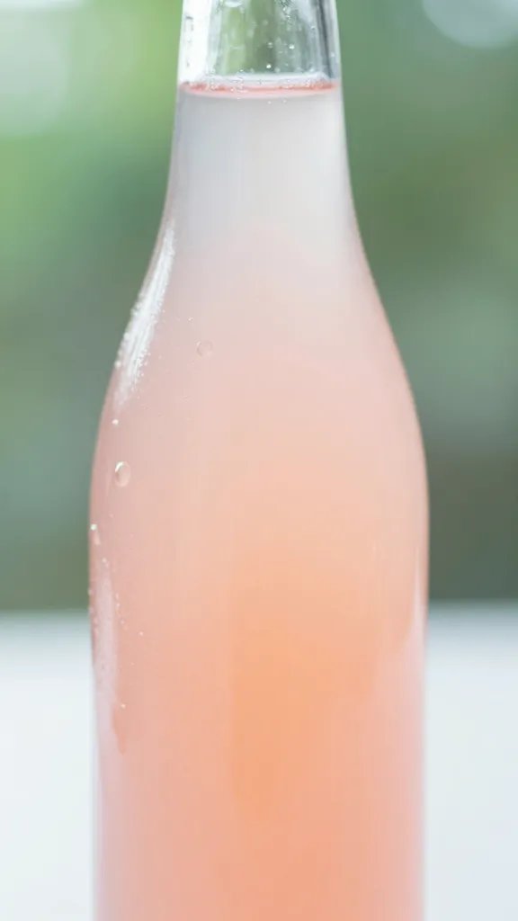 closeup of single glass bottle with pale pink liquid and greenery