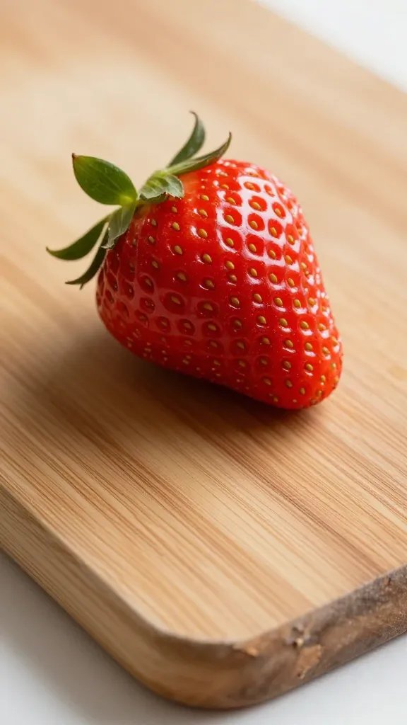 closeup of wooden cutting board with chipped edges and 1 strawberry