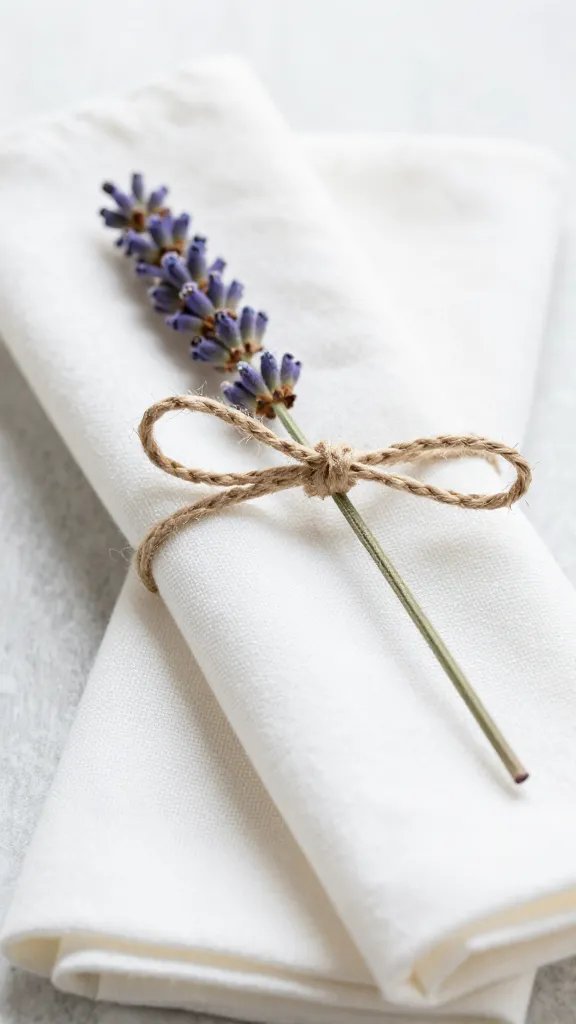 closeup of cotton napkin tied with twine and a lone lavender sprig