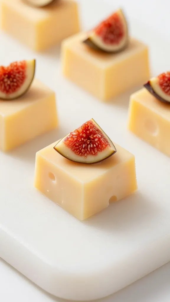 closeup of tiny cheese slice on cream cheese board with fig shard
