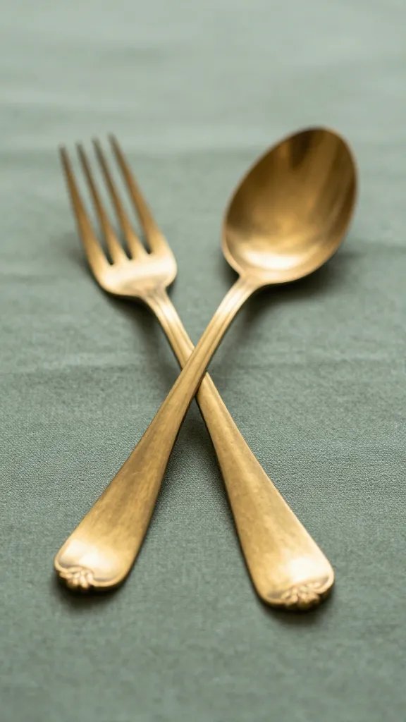 closeup of single brass cutlery set on muted green tablecloth