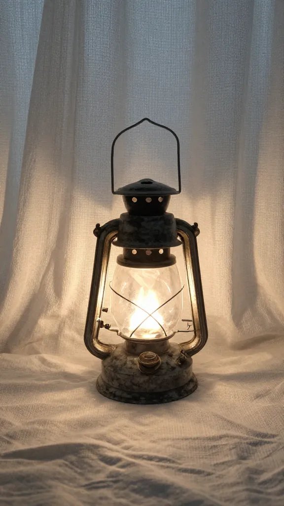 closeup of a single picnic lantern glow behind delicate linen curtain