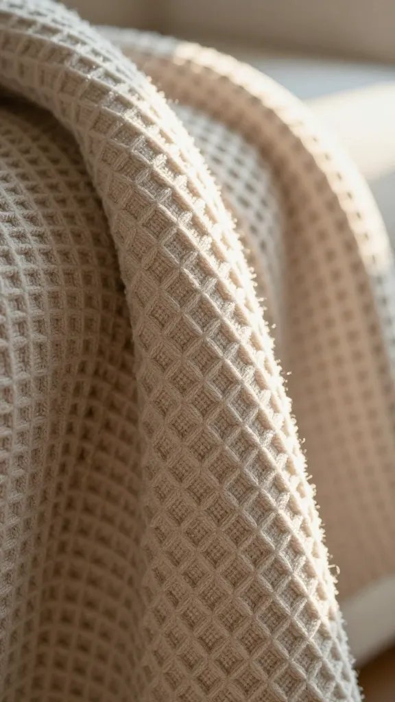 closeup of waffle-weave blanket edge catching soft lens flare