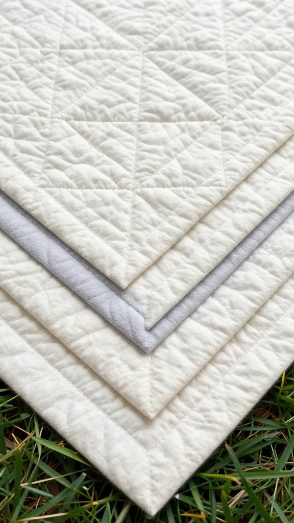 closeup of textured quilt squares layered for depth on grass