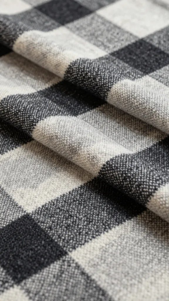 closeup of layered fabric textures: plaid + knitted throw on blanket