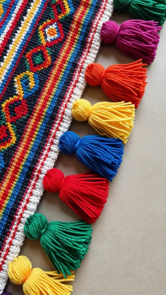 closeup of multicolor tassels attached to blanket corner