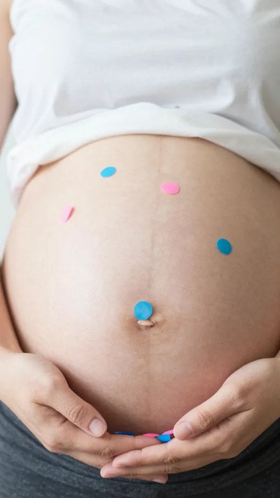 Closeup of a pregnant belly holding pink and blue confetti