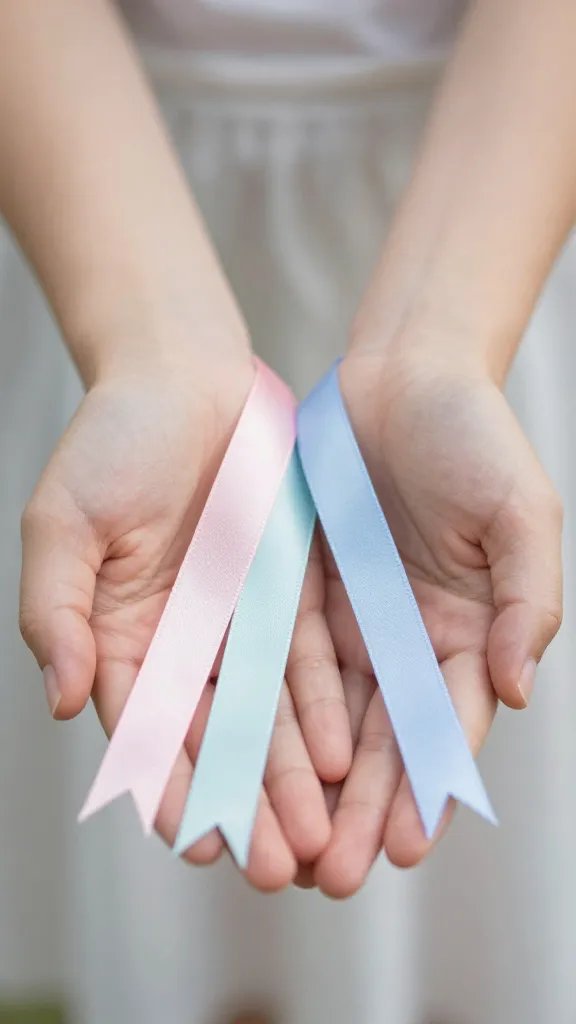 Closeup of hands revealing gender with subtle pastel ribbons