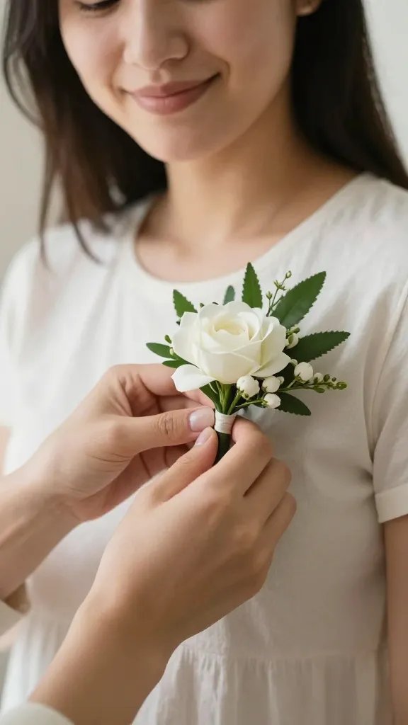 Closeup of a smiling parent-to-be adjusting floral boutonniere