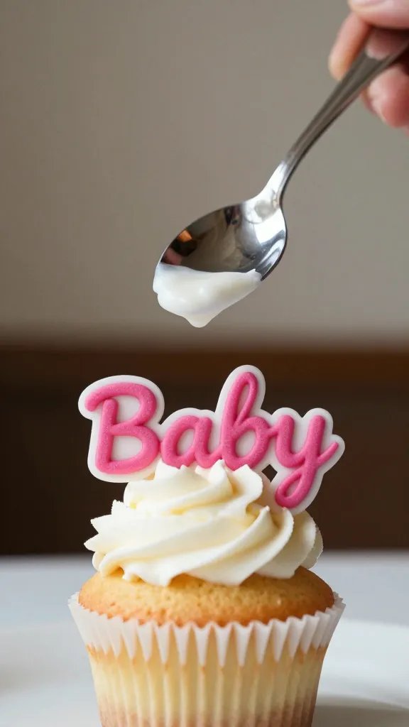 Closeup of a dessert spoon hovering over a single cupcake with 