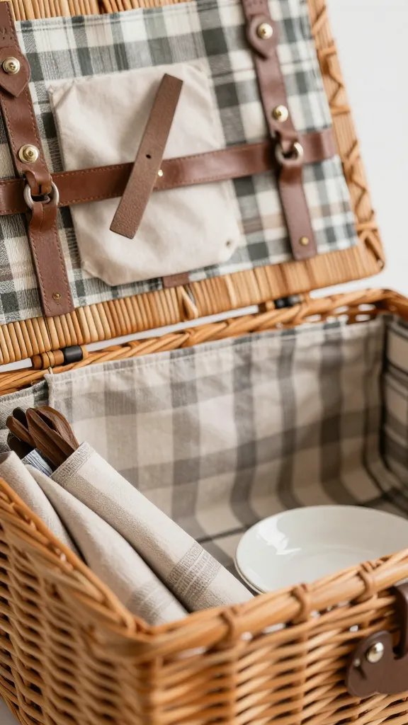 Closeup of a vintage picnic basket with neutral-toned props
